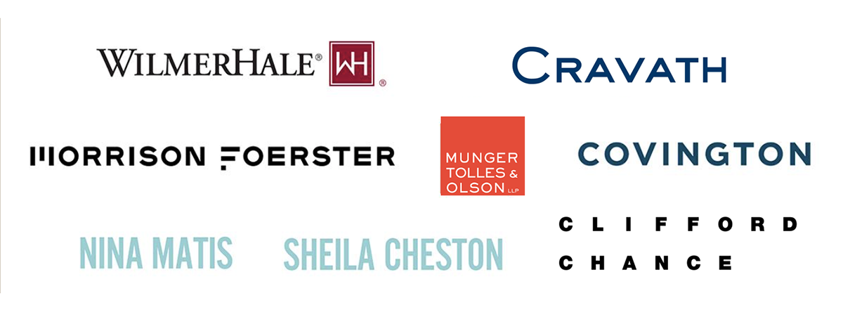 Company logos of WilmerHale, Cravath, Morrison Foerster, Munger Tolles & Olson, Covington, Clifford Change and the names of Nina Matis and Sheila Cheston