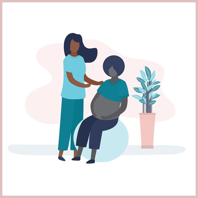 Illustration of a female doula standing next to a pregnant person who is sitting on a yoga ball and cradling their pregnant belly