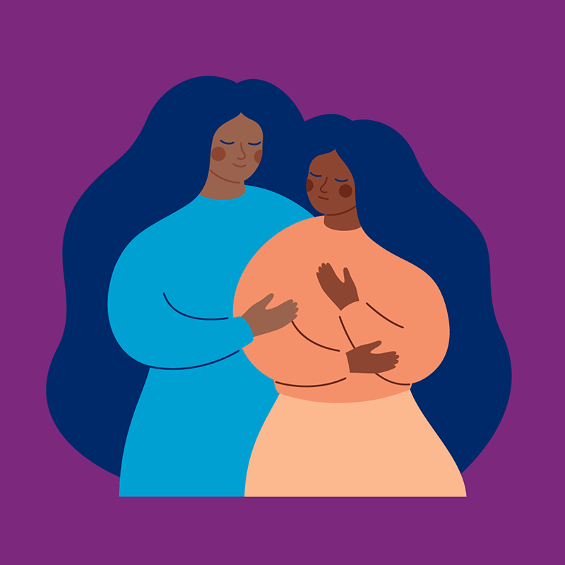 Illustration of two women embracing, the one on the left has long black wavy hair, tan skin, and is wearing a blue dress; the woman on the right has long black wavy hair, brown skin, and is wearing an an orange shirt and beige skirt.