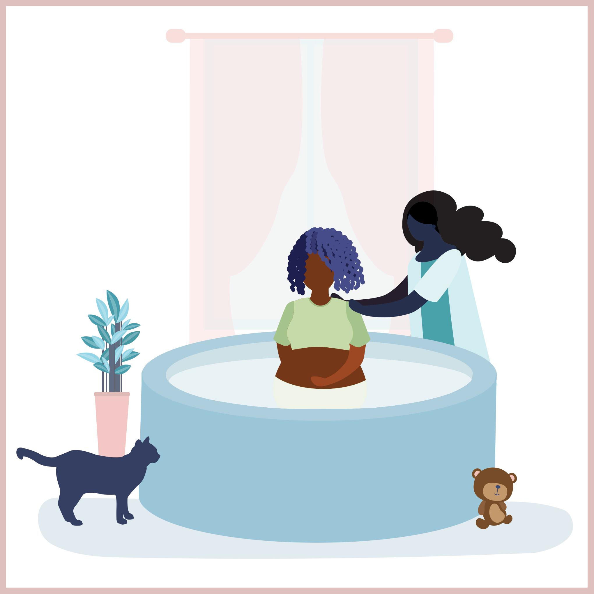 Illustration of a Black woman in labor, sitting in a tub, assisted by a midwife. In the foreground is a cat and a teddy bear, a houseplant is in the background.