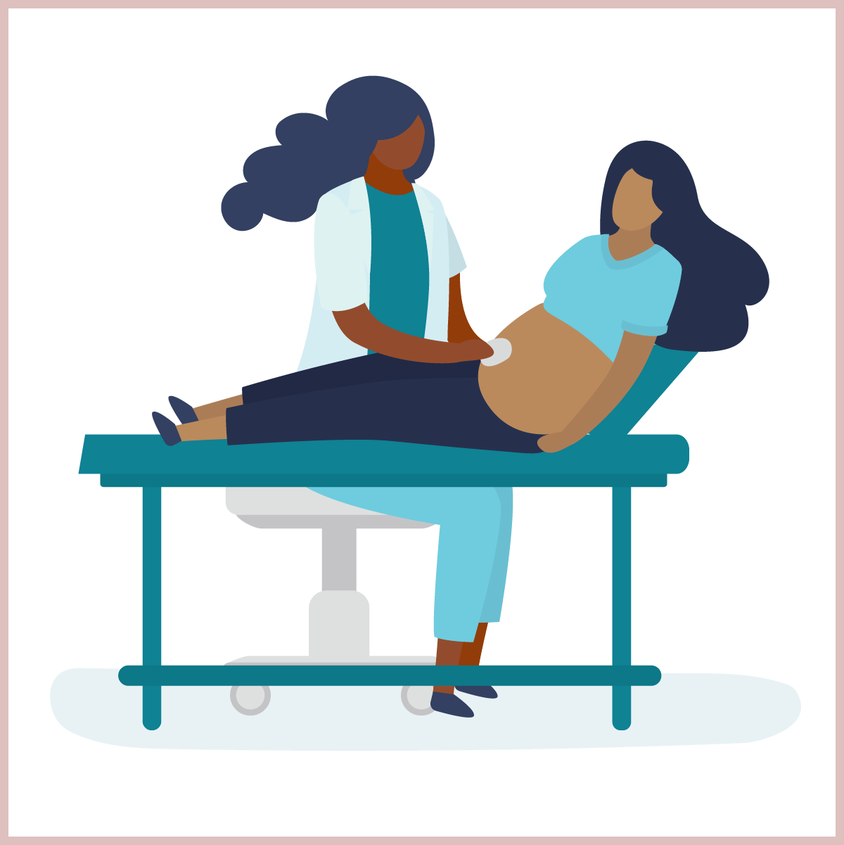 Illustration of a pregnant woman reclining on exam table with a midwife standing, examining the pregnant woman's abdomen