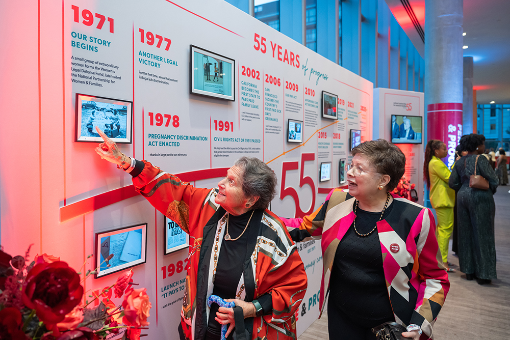 Two founding members of the Women’s Legal Defense Fund (now National Partnership for Women & Families) pointing at a picture of themselves on an interactive timeline exhibit wall at the 2026 Annual Event