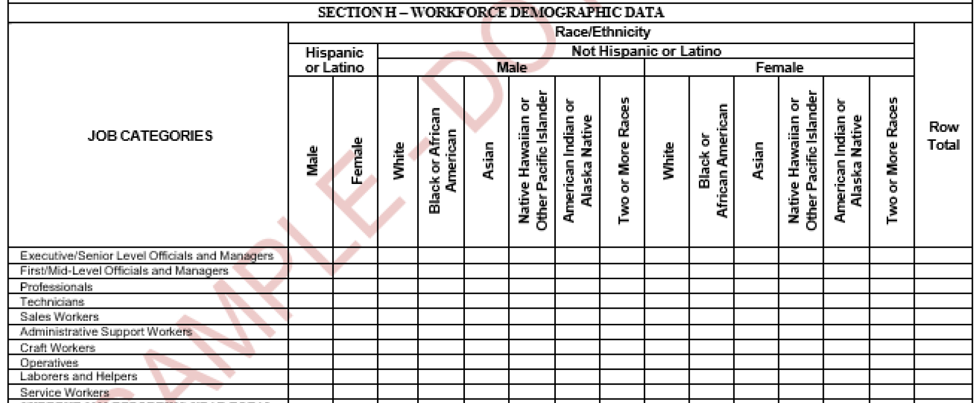 A snippet from the 2024 EEO-1 Component 1 Data Collection Instruction Booklet, showing Section H of a sample employer report where an employer would enumerate the race and ethnicity and genders of their employees in corresponding job categories (e.g. executive level, mid-managers, sales workers, administrative support workers)