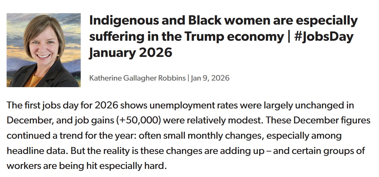 Blog post titled: Indigenous and Black women are especially suffering in the Trump economy