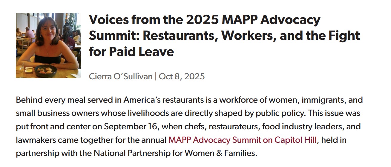 Screenshot of blog post with headline that reads Voices from the 2025 MAPP Advocacy Summit: Restaurants, Workers, and the Fight for Paid Leave