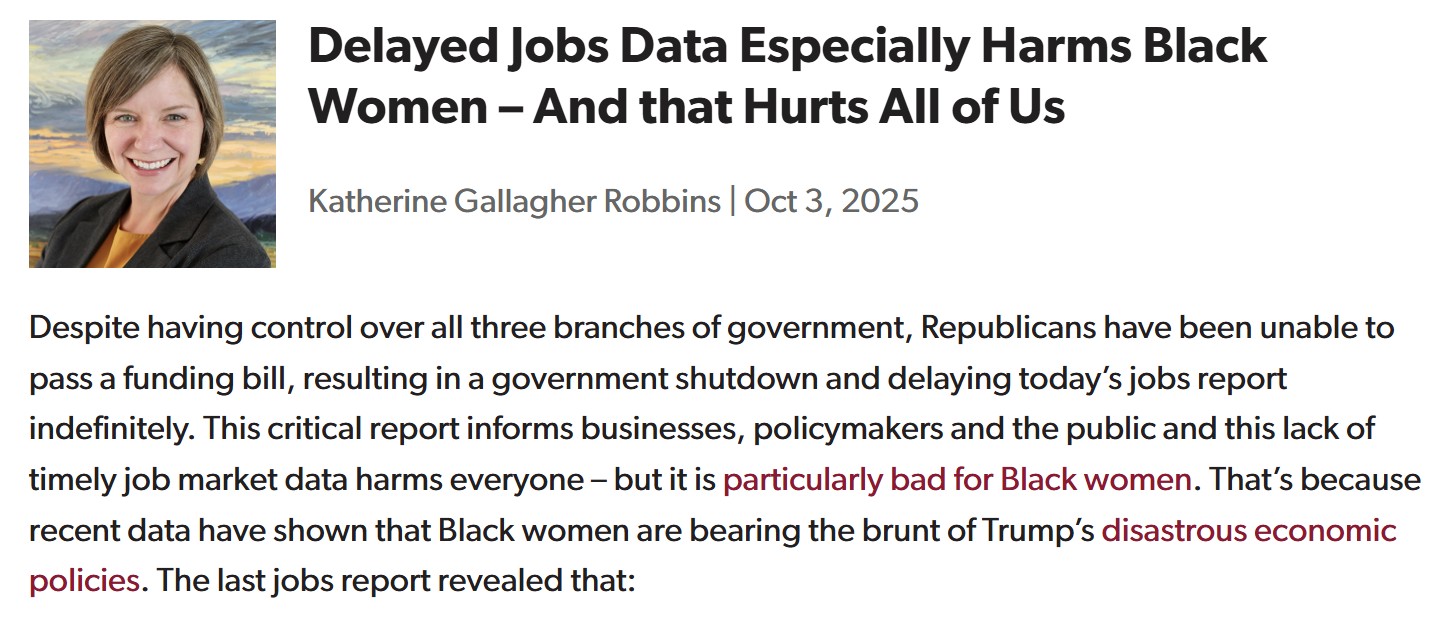 Screenshot of blog post with headline that reads Delayed Jobs Data Especially Harms Black Women – And that Hurts All of Us