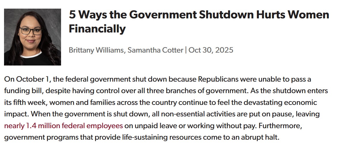 Blog titled: 5 Ways the Government Shutdown Hurts Women Financially