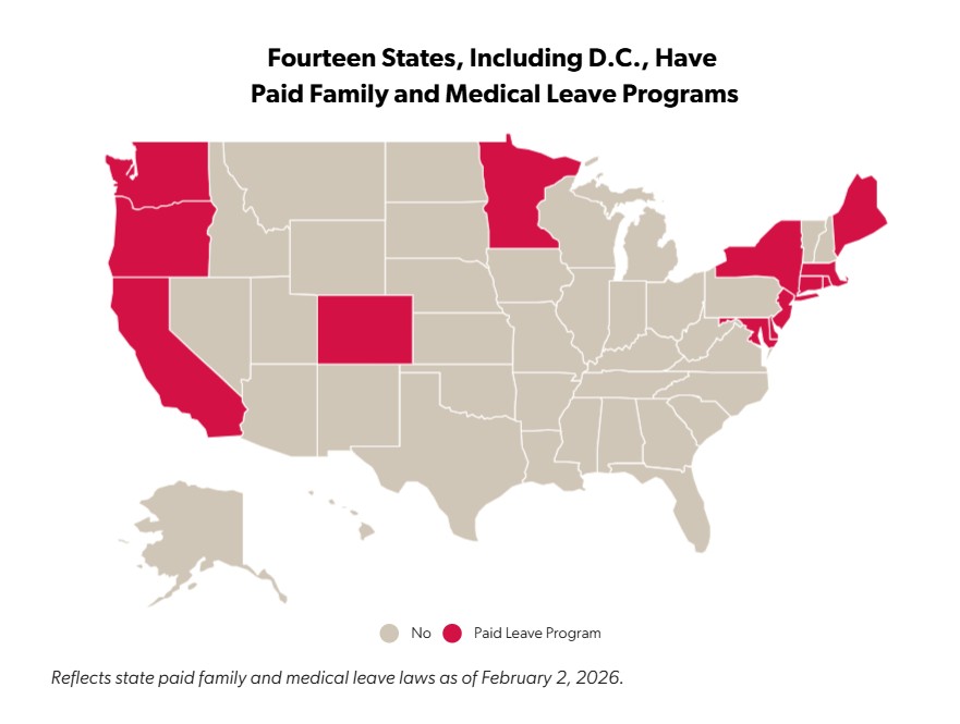 Map showing the fourteen states, including D.C., that have paid family and medical leave programs
