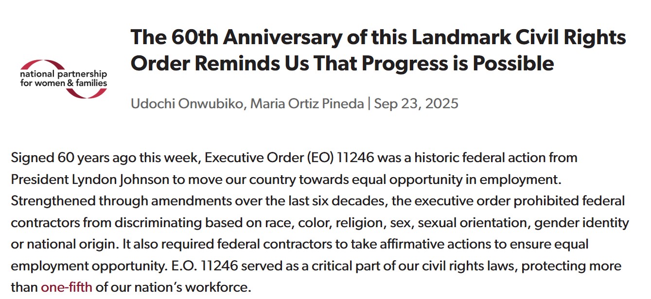 Screenshot of blog post with headline that reads The 60th Anniversary of this Landmark Civil Rights Order Reminds Us That Progress is Possible