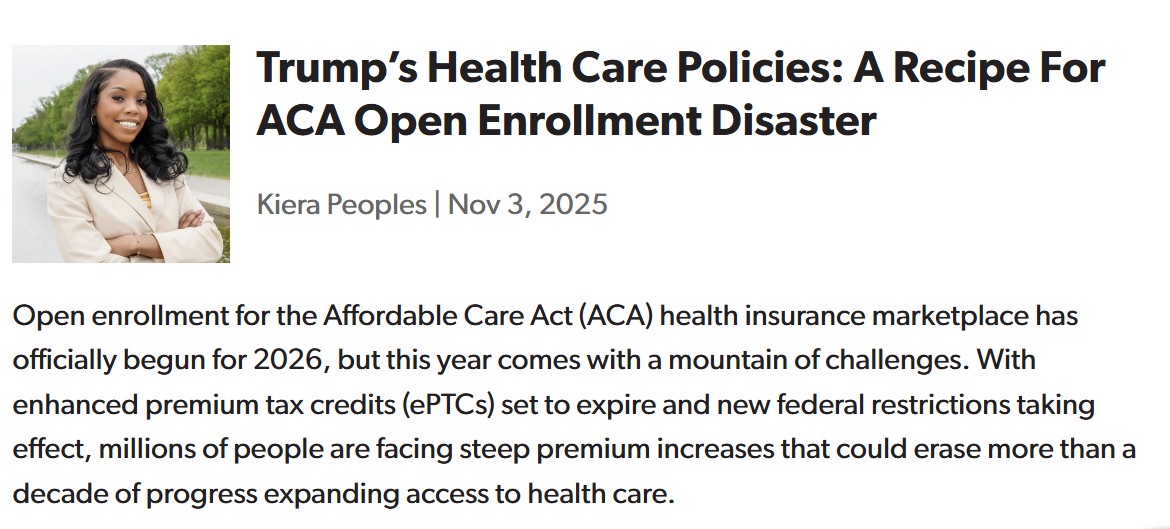 Blog titled: Trump’s Health Care Policies: A Recipe For ACA Open Enrollment Disaster