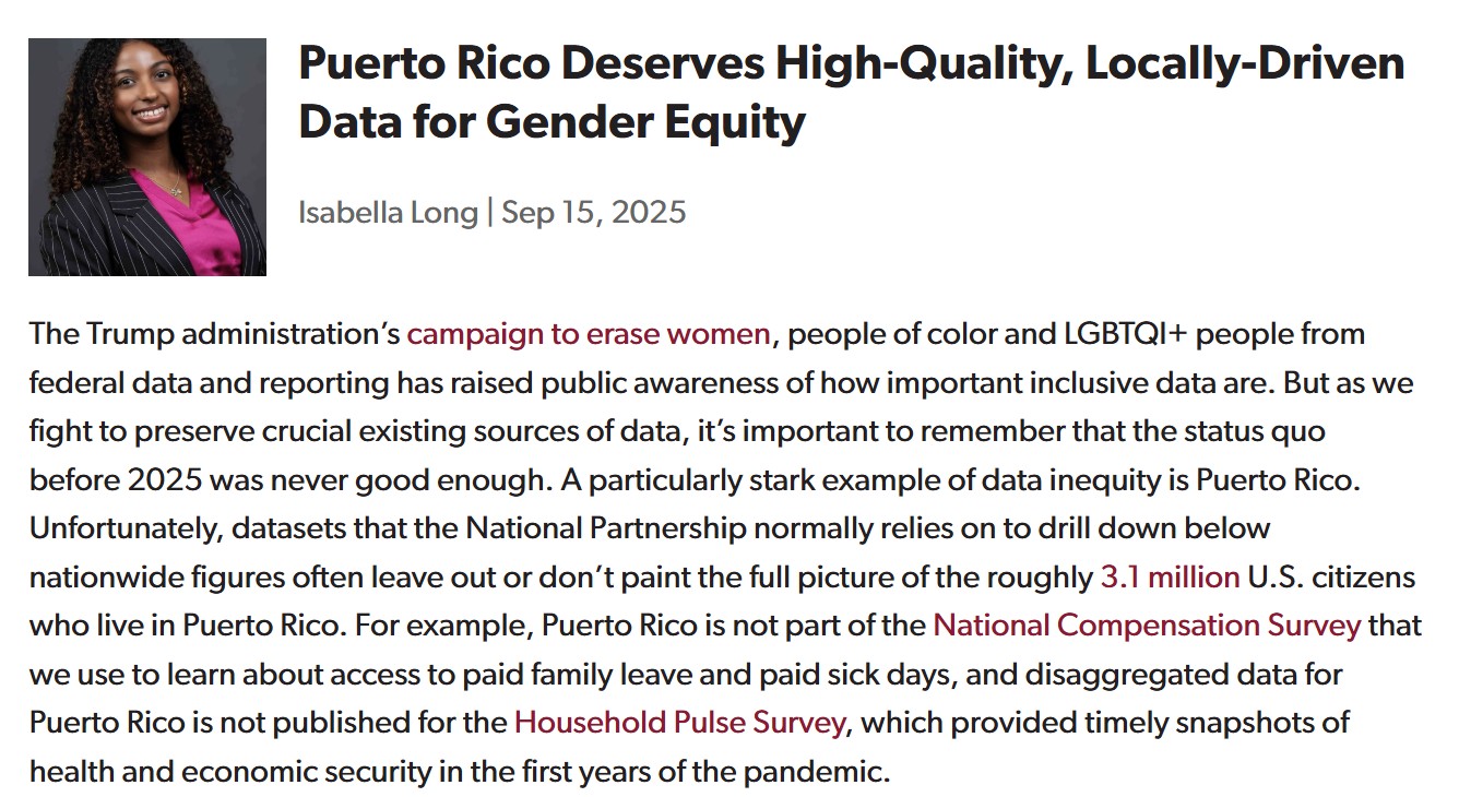 Screenshot of blog post with headline that reads Puerto Rico Deserves High-Quality, Locally-Driven Data for Gender Equity