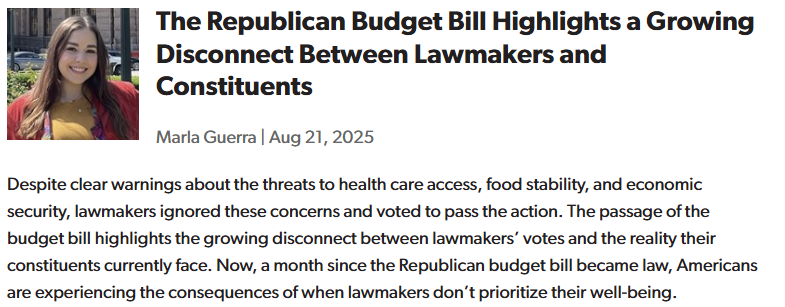 Screenshot of blog post with headline that reads The Republican Budget Bill Highlights a Growing Disconnect Between Lawmakers and Constituents