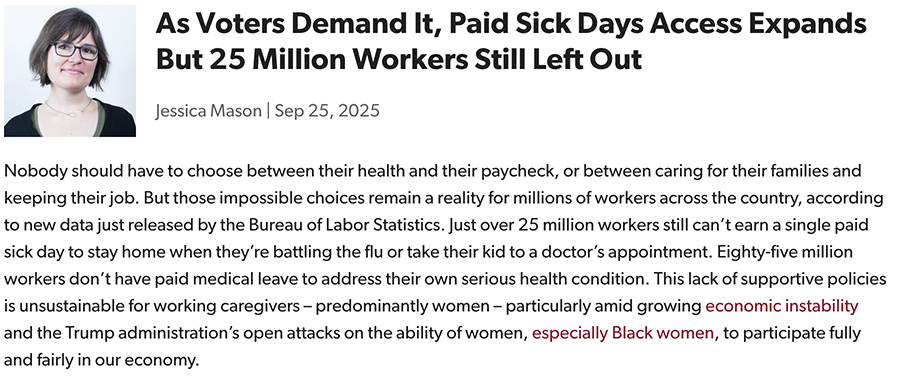 Screenshot of blog post with headline that reads As Voters Demand It, Paid Sick Days Access Expands But 25 Million Workers Still Left Out
