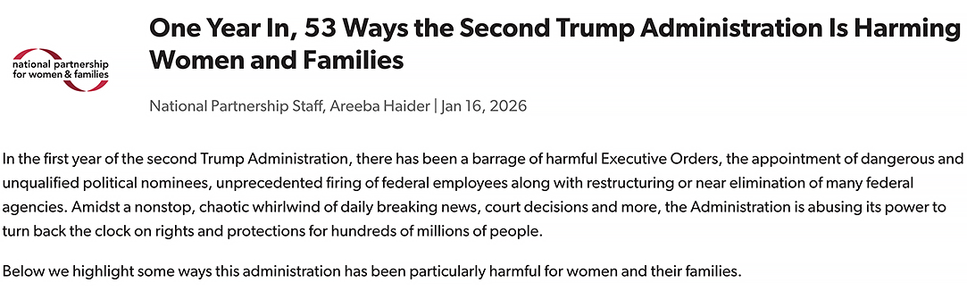 Blog post titled: 53 Ways the Second Trump Administration Is Harming Women and Families