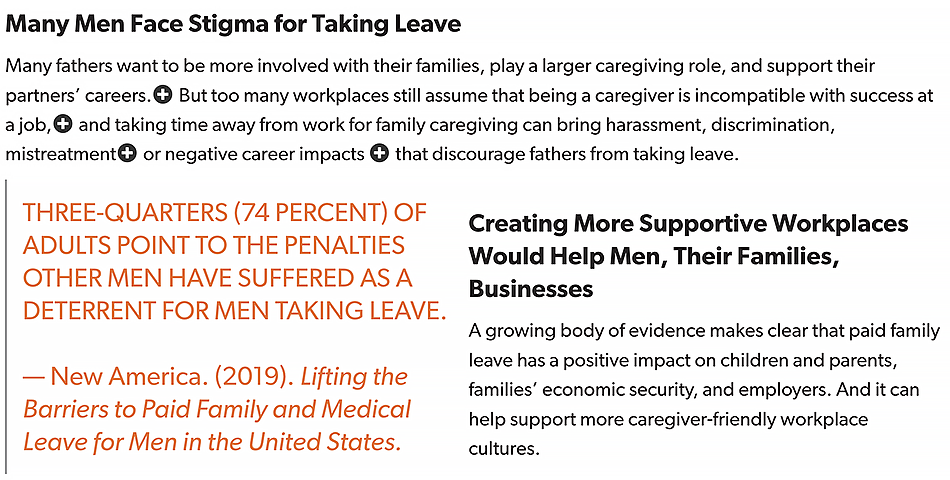 Screenshot from paid leave report with stat 74 percent of adults point to the penalties other men have suffered as a deterrent for men taking leave