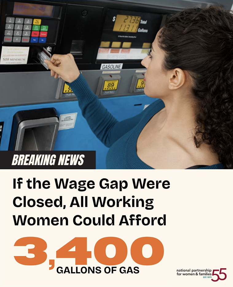 Social media graphic of woman paying for gas with message, Breaking News: if the wage gap were closed all working women could afford 3400 gallons of gas