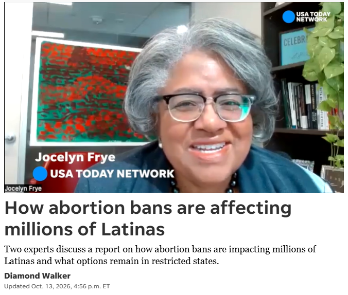 Screenshot of USA Today video featuring NPWF President Jocelyn Frye with title How abortion bans are affecting millions of Latinas