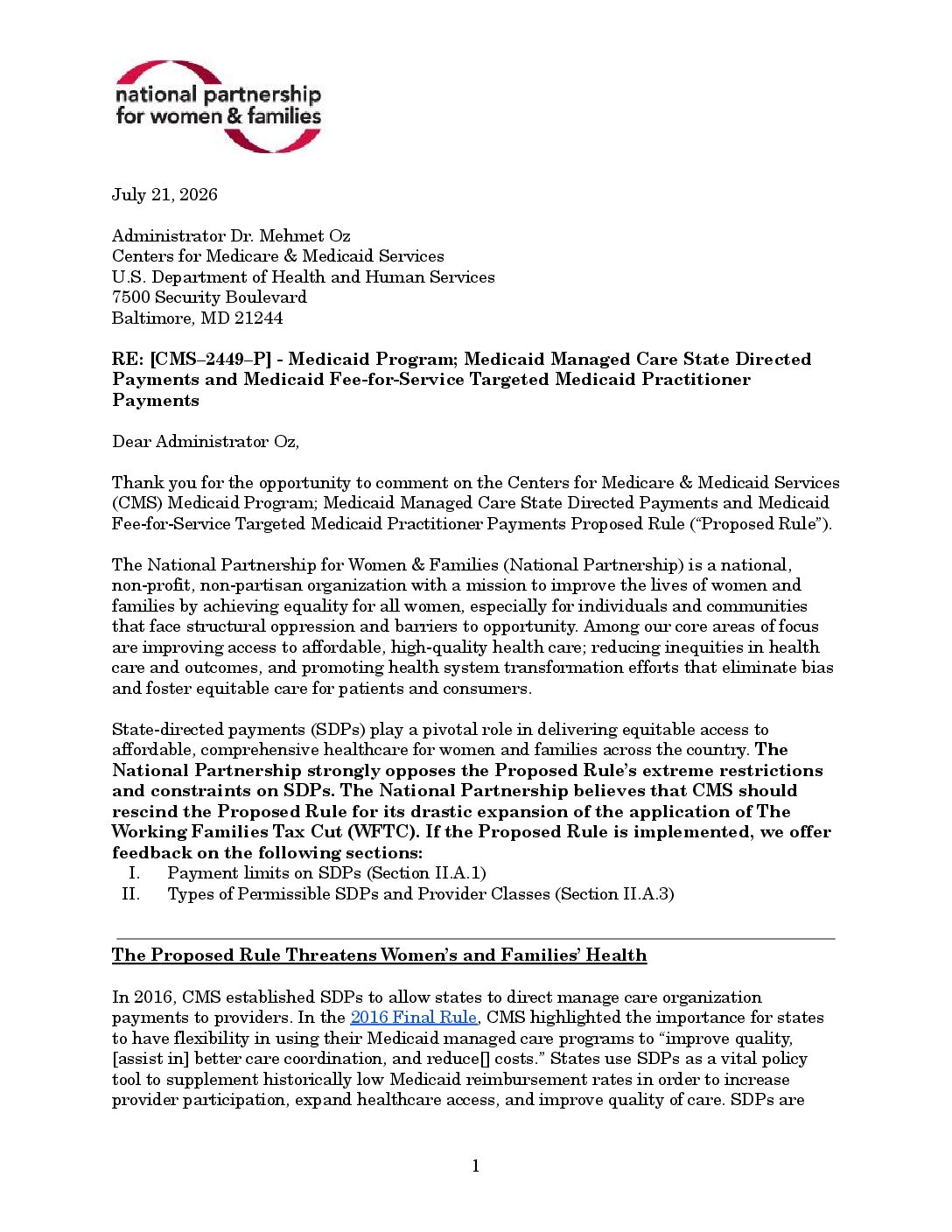 Comment on CMS Proposed Rule re: Medicaid State Directed Payments