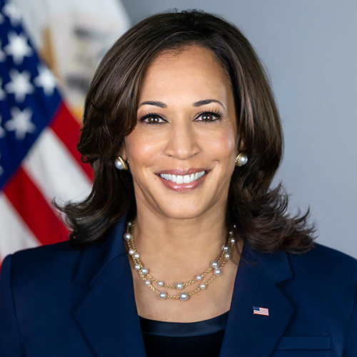 Official White House portrait photo of Kamala Harris, the 49th vice president of the United States. She has mid-length brown hair that's curled up at the end, is wearing a navy blue suit with a small American flag pin on the left lapel, and is wearing a pearl necklace