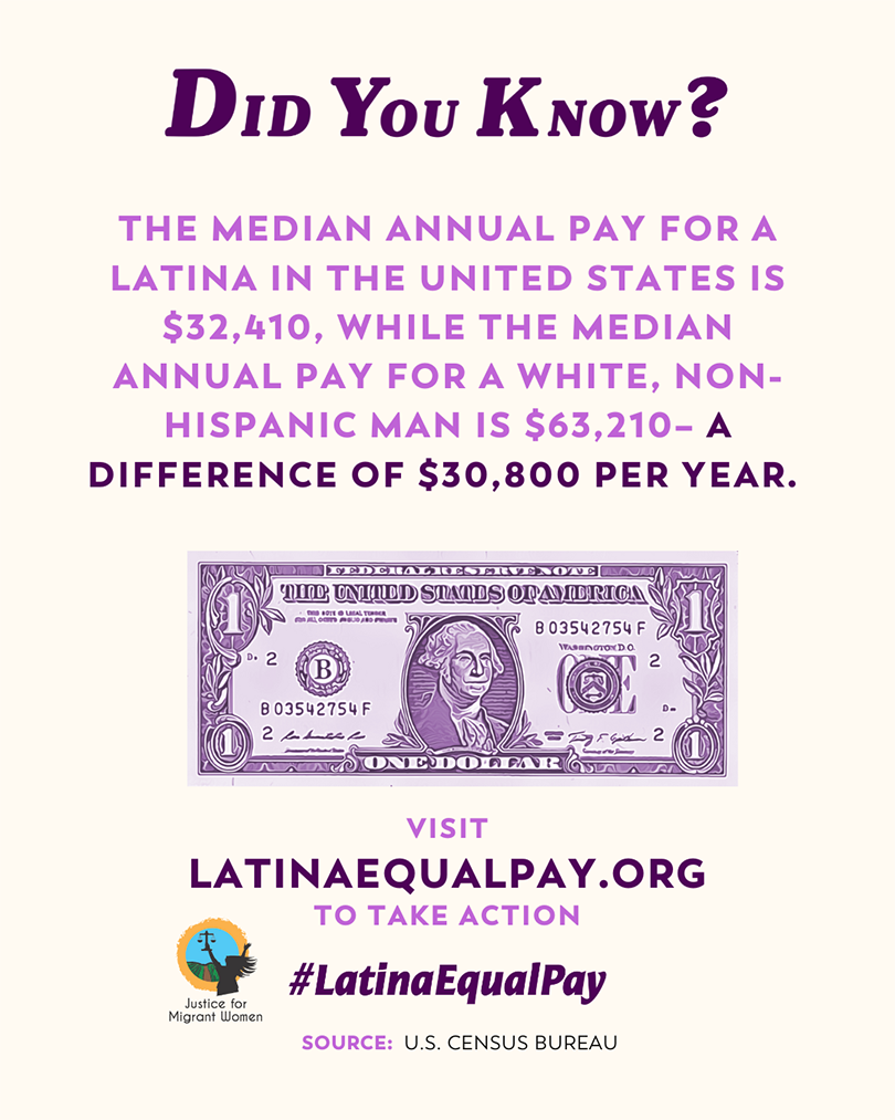 Purple dollar on a light yellow background accompanied by text that states “Did You Know? The median annual pay for a Latina in the United States is $32,410, while the median annual pay for a white, non-Hispanic man is $63,210 – a difference of $30,800 per year.” Visit latinaequalpay.org to take action.