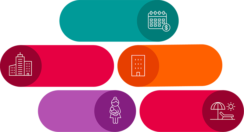 Background image of various icons depicting work life balance, including illustrated icons of a calendar, office buildings and a woman holding a baby