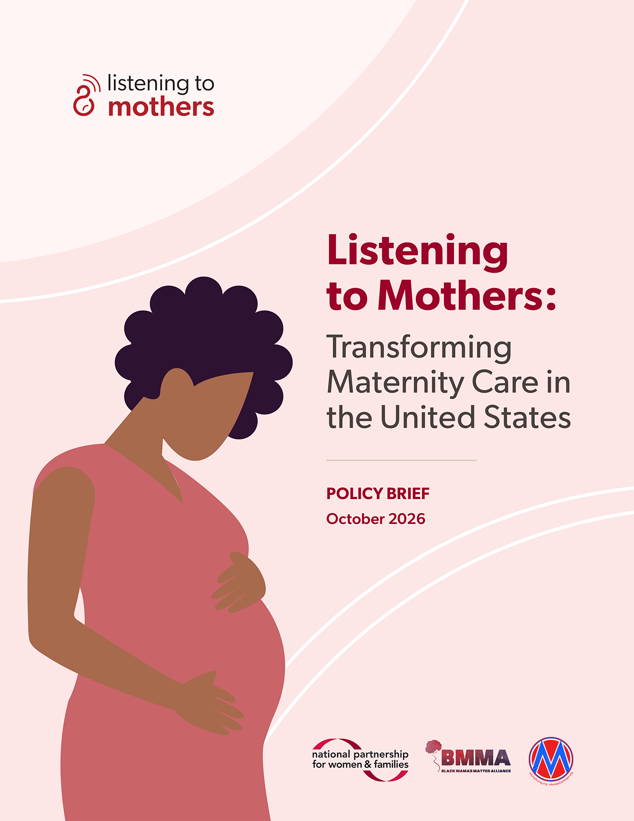 Listening to Mothers IV report cover. Illustration of a Black woman cradling and nursing her infant child.