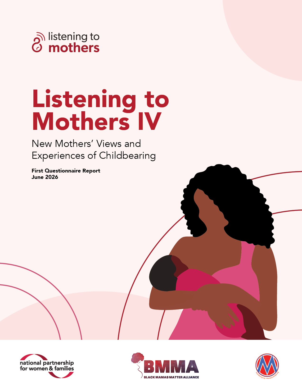 Listening to Mothers IV report cover. Illustration of a Black woman cradling and nursing her infant child.