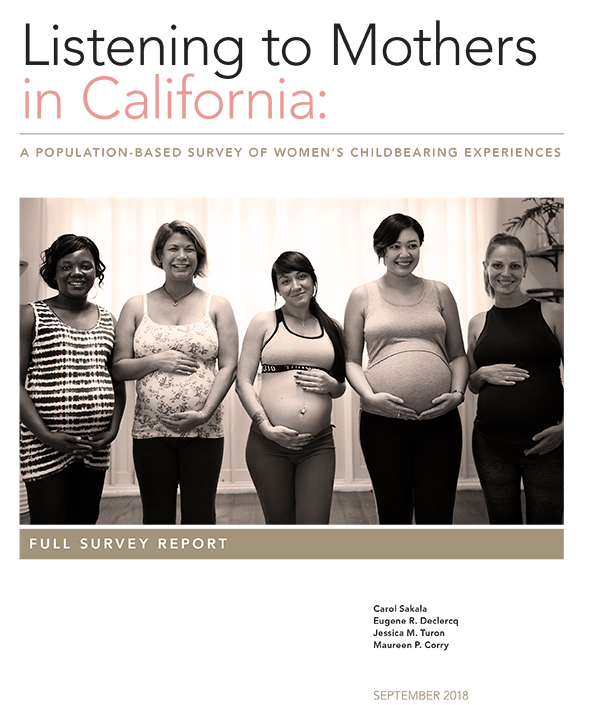Listening to Mothers in California report cover, featuring a sepia-color photo of 5 pregnant women smiling and holding their stomachs
