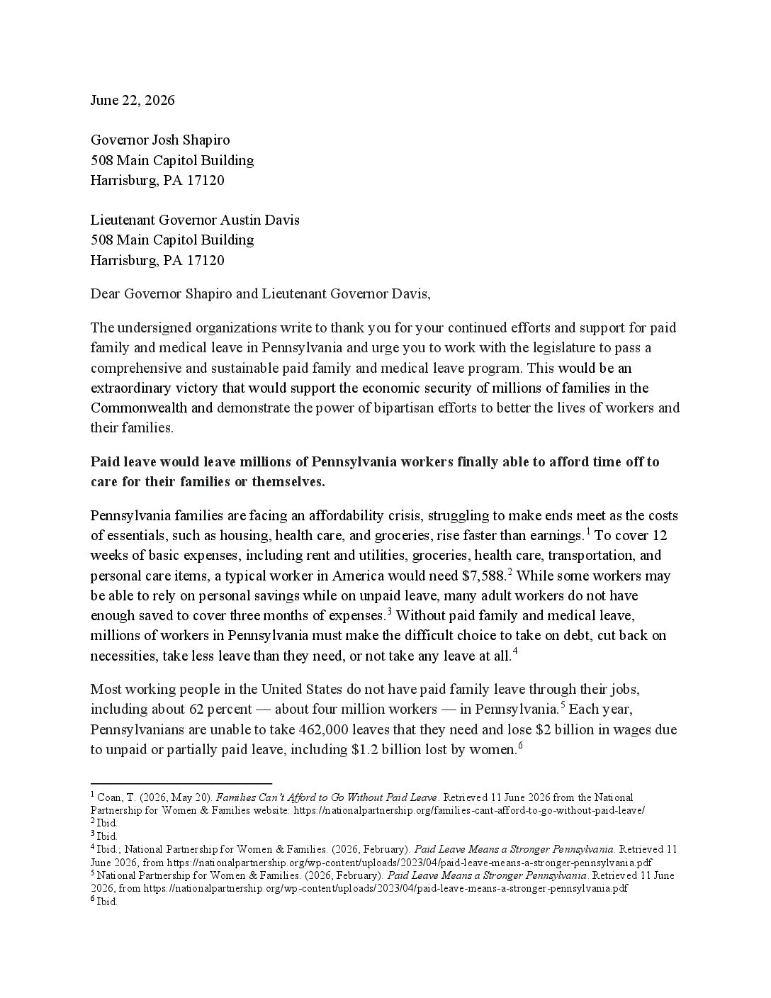 Paid Family Leave in Pennsylvania – National Groups Letter to Governor and Lieutenant Governor