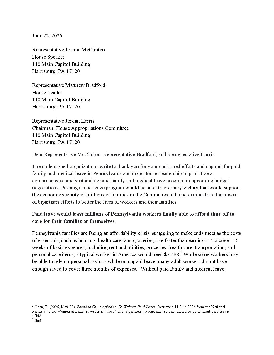 Paid Family Leave in Pennsylvania – National Groups Letter to House Leadership