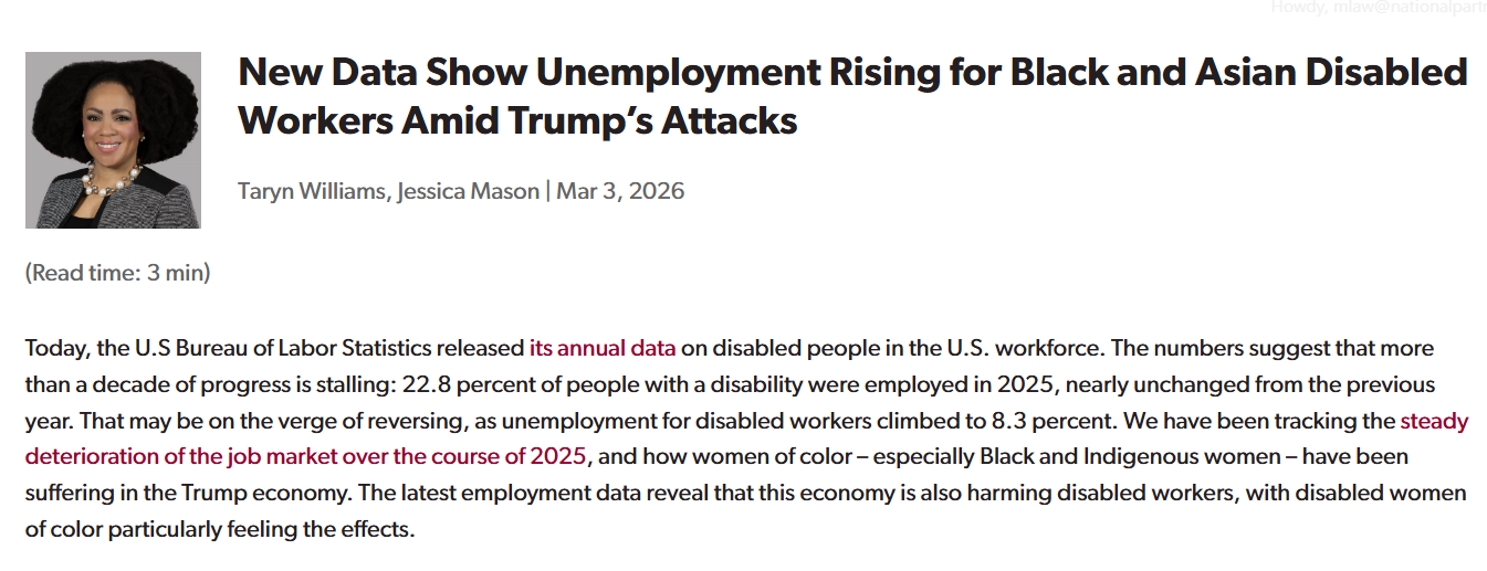 A screen capture of the top section of a blog post titled 'New Data Show Unemployment Rising for Black and Asian Disabled Workers Amid Trump’s Attacks,' by authors Taryn Williams and Jessica Mason, published March 3, 2026. A photo of Taryn Williams is on the left.